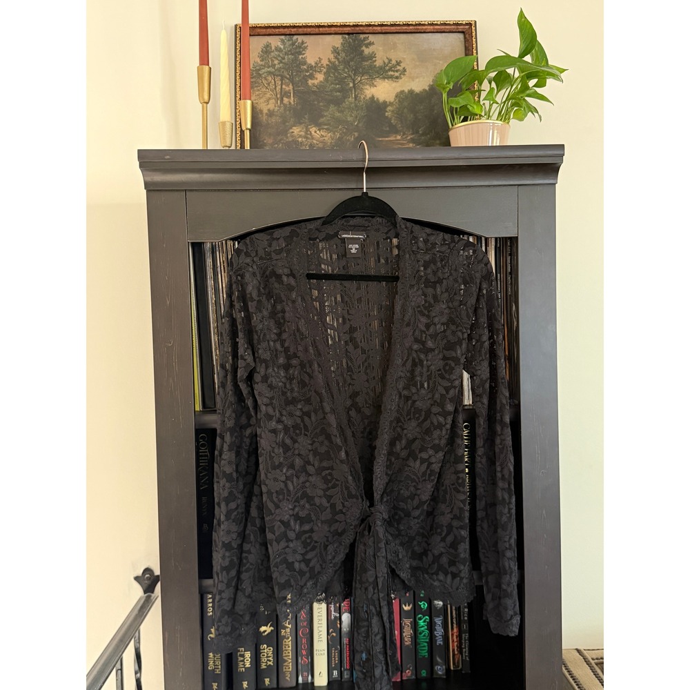 Moda International Wrap Top Whimsigoth M Black Sheer Lace Long Sleeve Tie Front